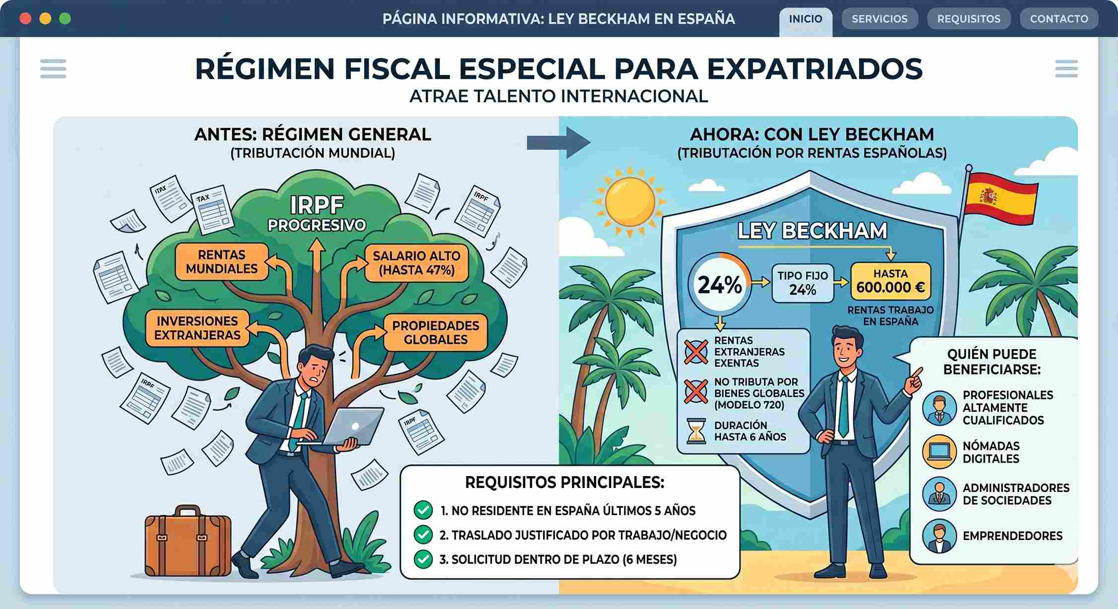 Nómada digital trabajando en España bajo la Ley Beckham 2026 pagando 24 por ciento de impuestos